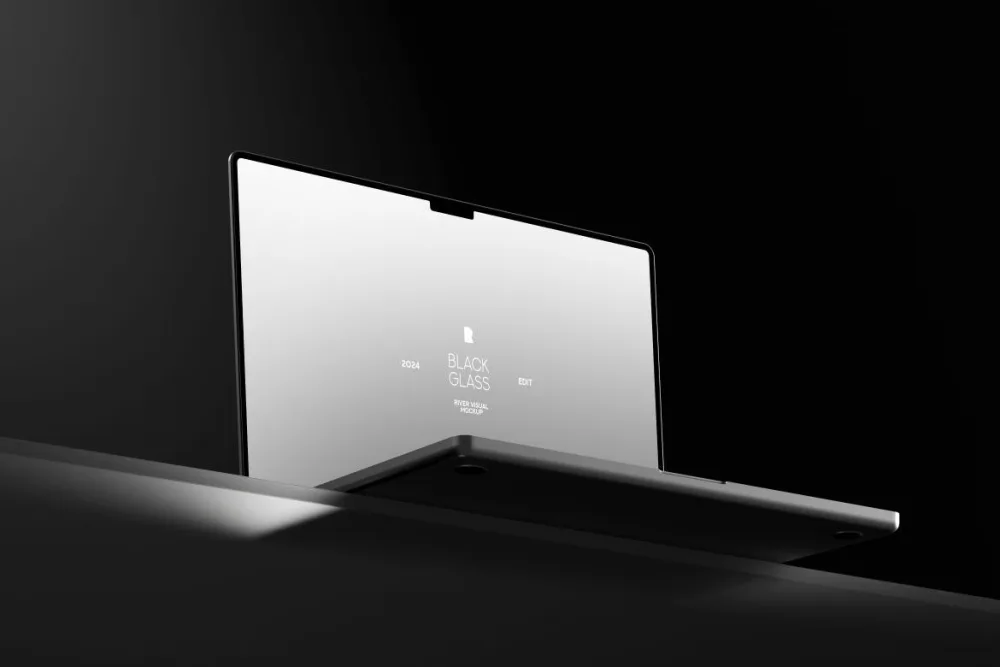 Laptop mockup with an ultra-thin screen and reflective display, set against a minimalist black background. The device rests on a sleek surface, emphasizing modern and premium aesthetics.