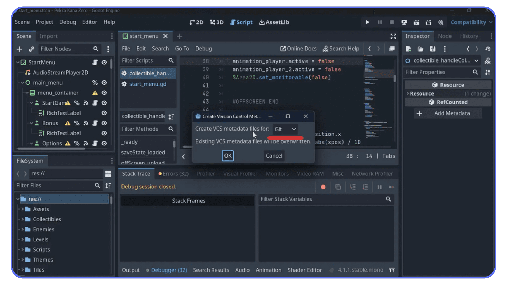 Godot editor screenshot displaying the Git version control plugin prompt for generating metadata files.