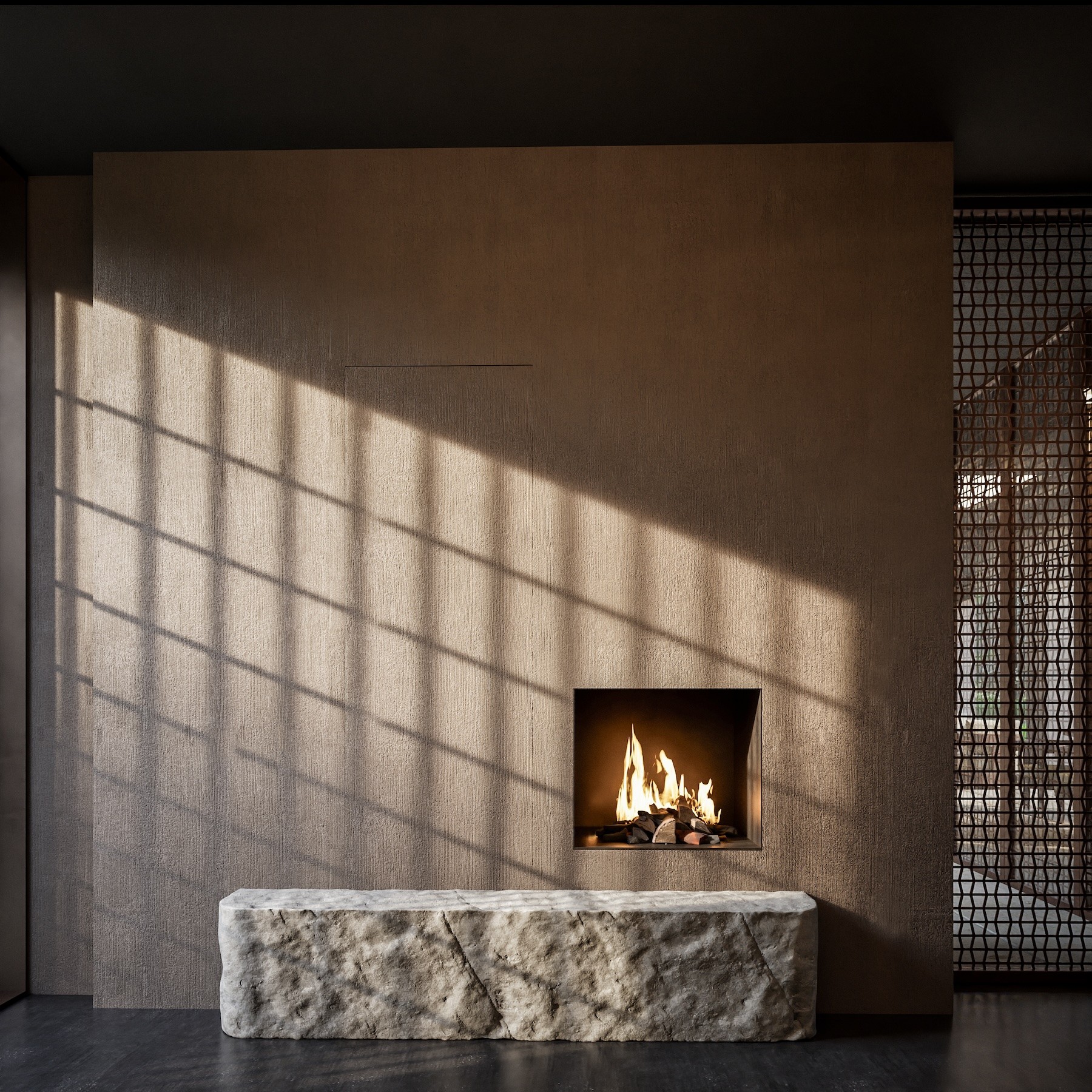 Child walking on a wooden beam with a large tree and swing nearby in a courtyard of modern wooden houses, while another person adjusts a bicycle.