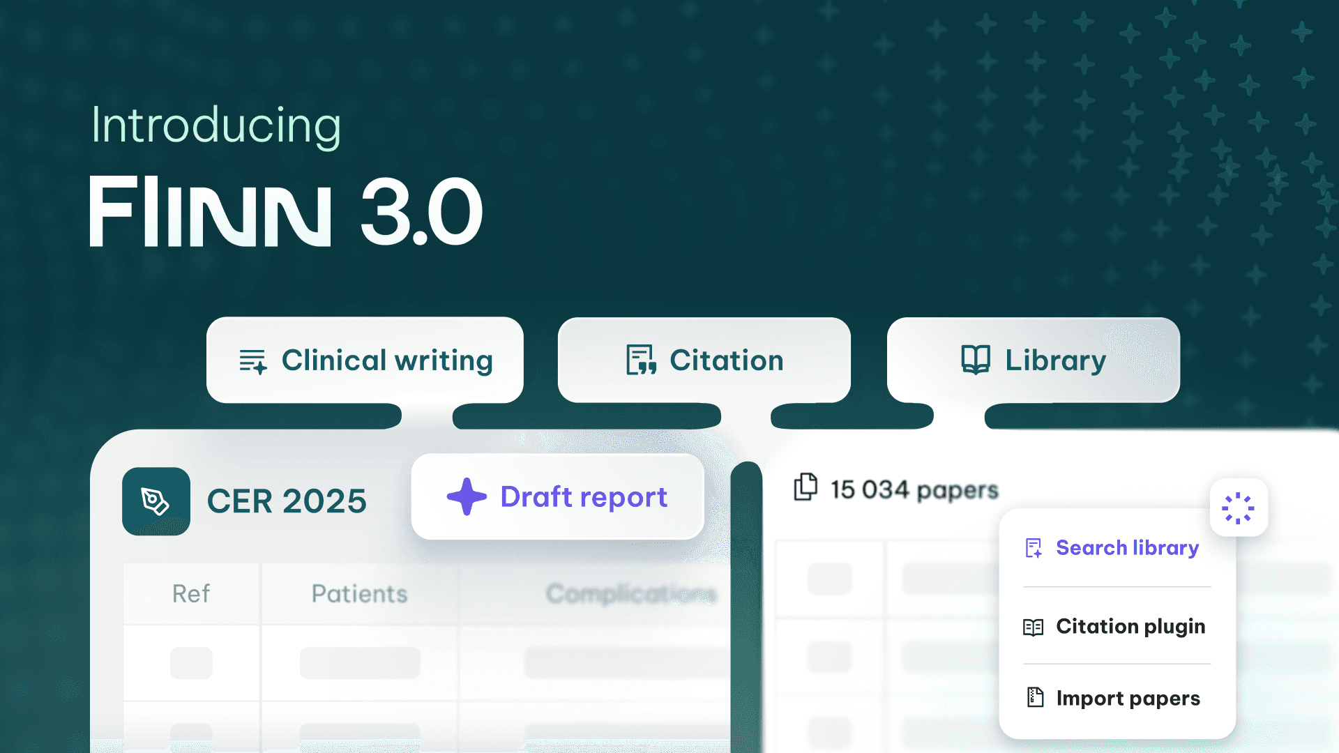 Flinn 3.0 product header showing new Clinical Writing, Citation, and Literature Library features for regulatory documentation.
