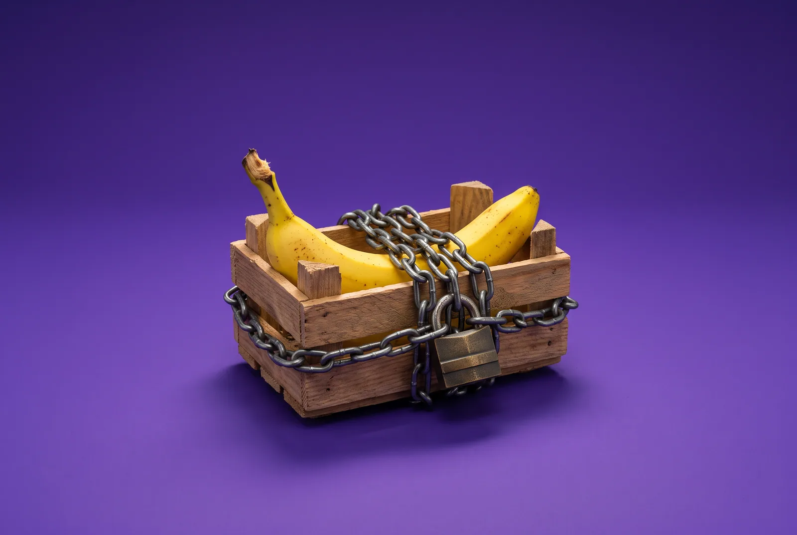 A small fruit crate wrapped in a heavy chain and padlock with a banana inside, a playful QUITTR vs BlockerX comparison