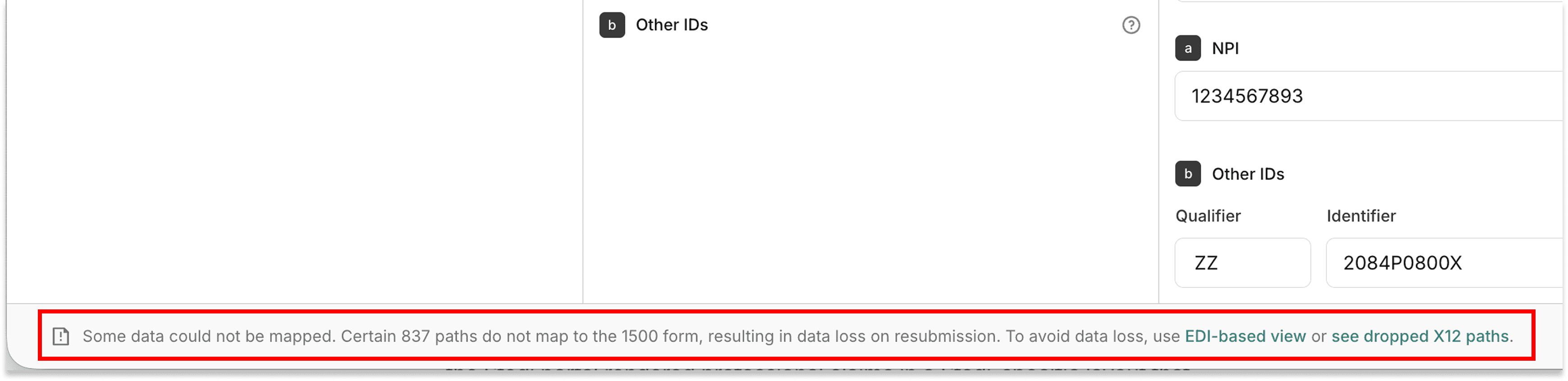 Unmapped X12 paths in the CMS-1500 claim view