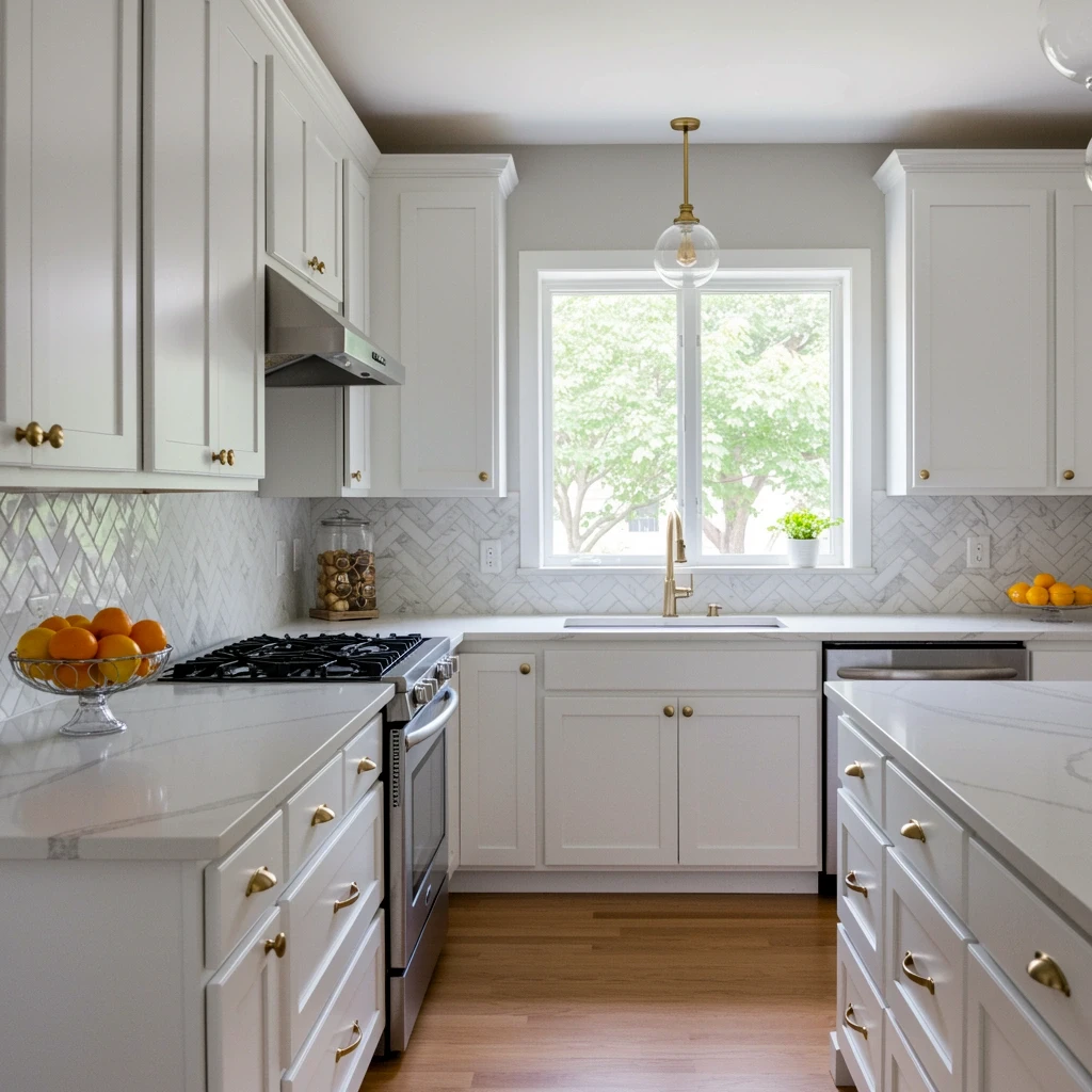 Bright modern kitchen with white cabinets, quartz countertops, and light gray walls