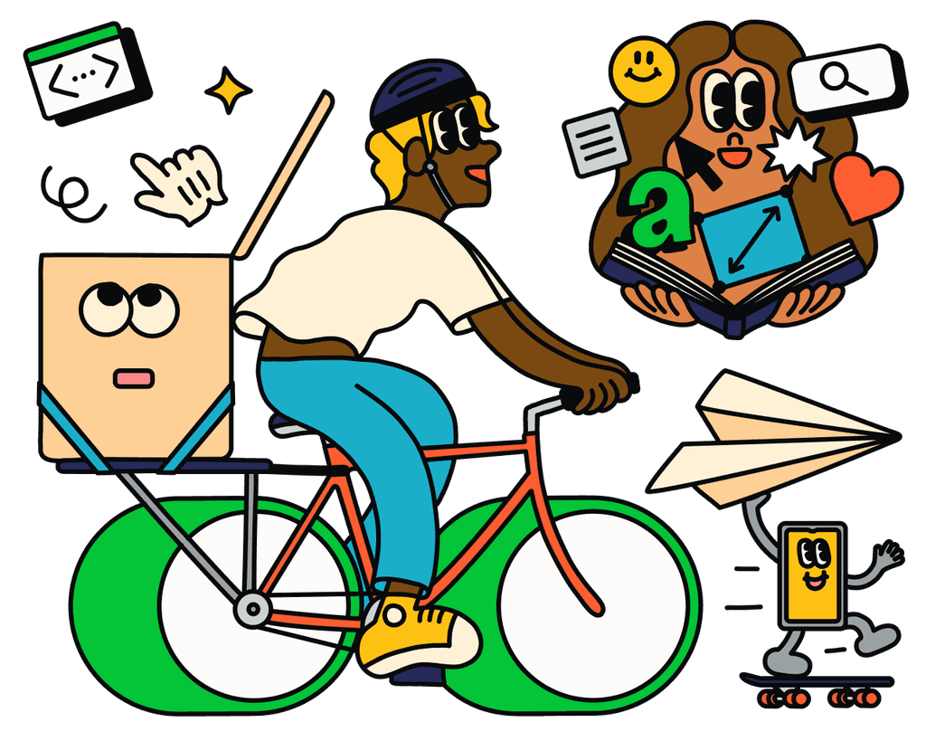 Illustration of a boy riding a bicycle with toggle wheels, facing an animated mobile phone holding a paper plane in one hand while riding a scooter. Other floating elements include a girl's face with an open book in front of her, with icons and arrows coming out of the book.