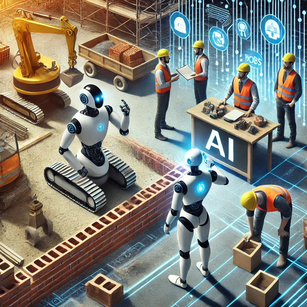 Chantier avec des robots alimentés par l'IA travaillant aux côtés de travailleurs humains, illustrant le dilemme éthique de l'automatisation versus l'emploi. Les robots posent des briques, tandis que les ouvriers discutent des implications de l'IA sur les métiers de la construction