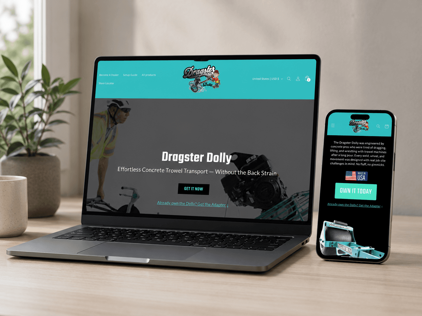 Dragster Dolly Shopify website mockup shown on a laptop and smartphone for an ecommerce product website project