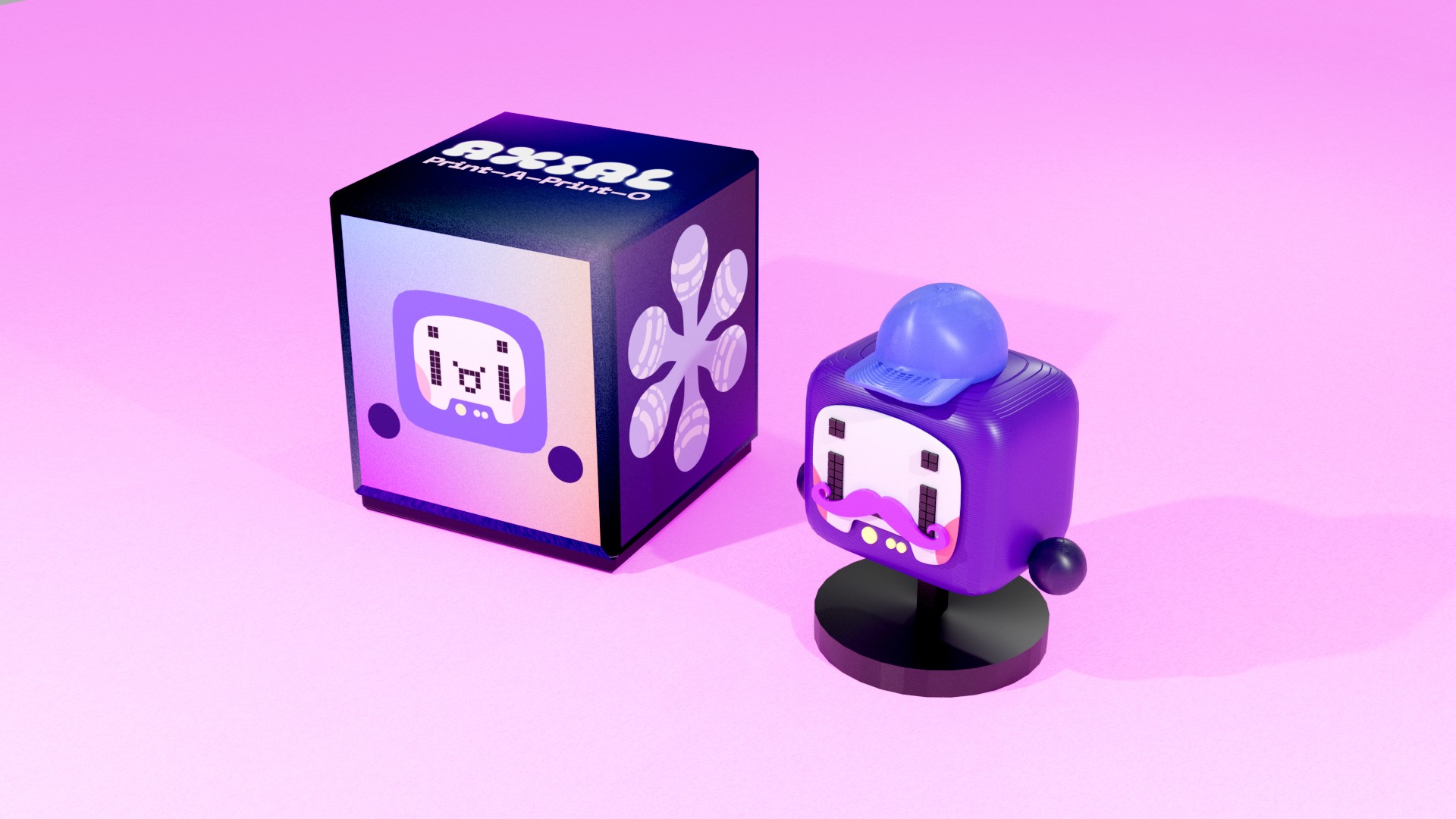 A purple cube-shaped toy with a face and hat sits on a black base on a pink surface. The cube has a white pixelated design on its front face and has the word “PRINT-A-PRINT-O” printed on its top. Beside it, a purple box with a pixelated design and a blue and white pixelated controller is visible.