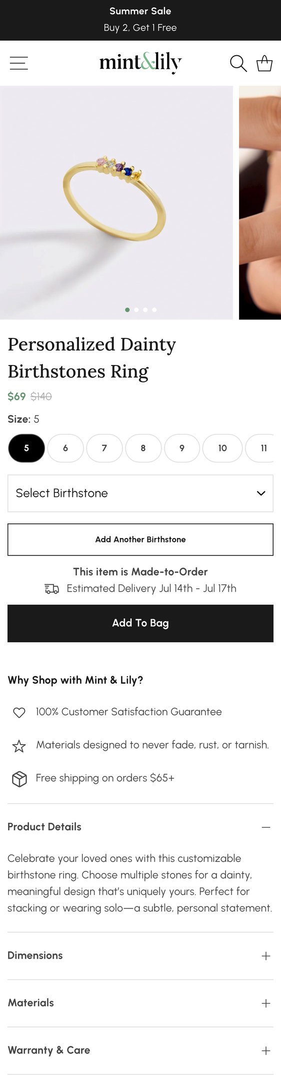 Jewelry product options include: ring, birthstone for Personalized Dainty Birthstones Ring from Mint & Lily.