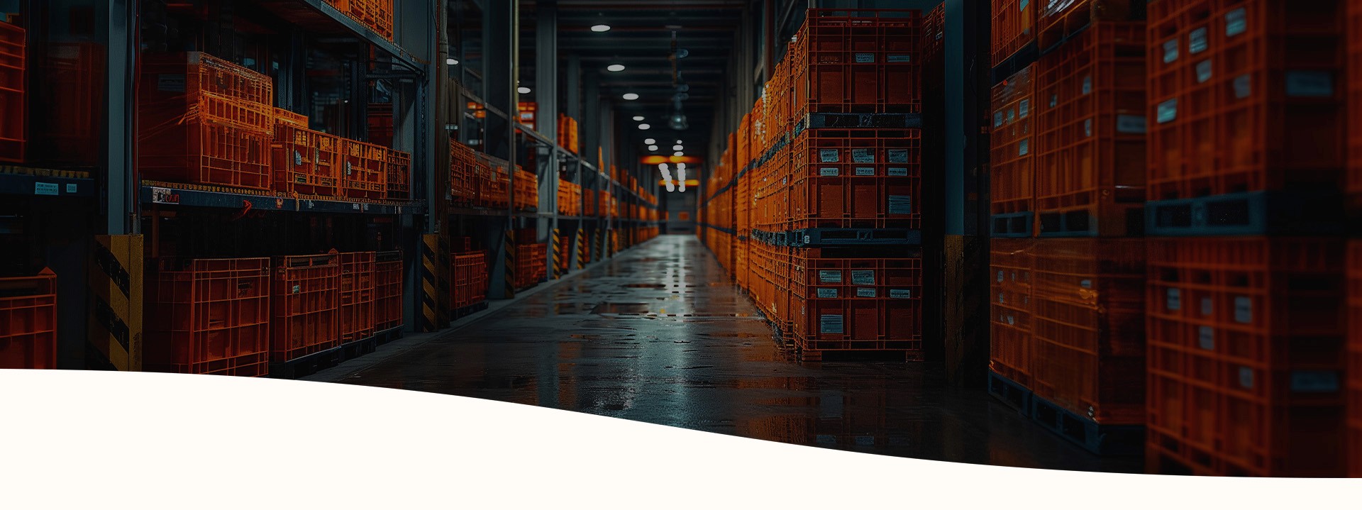 A dark warehouse with many orange crates in high storage racks.