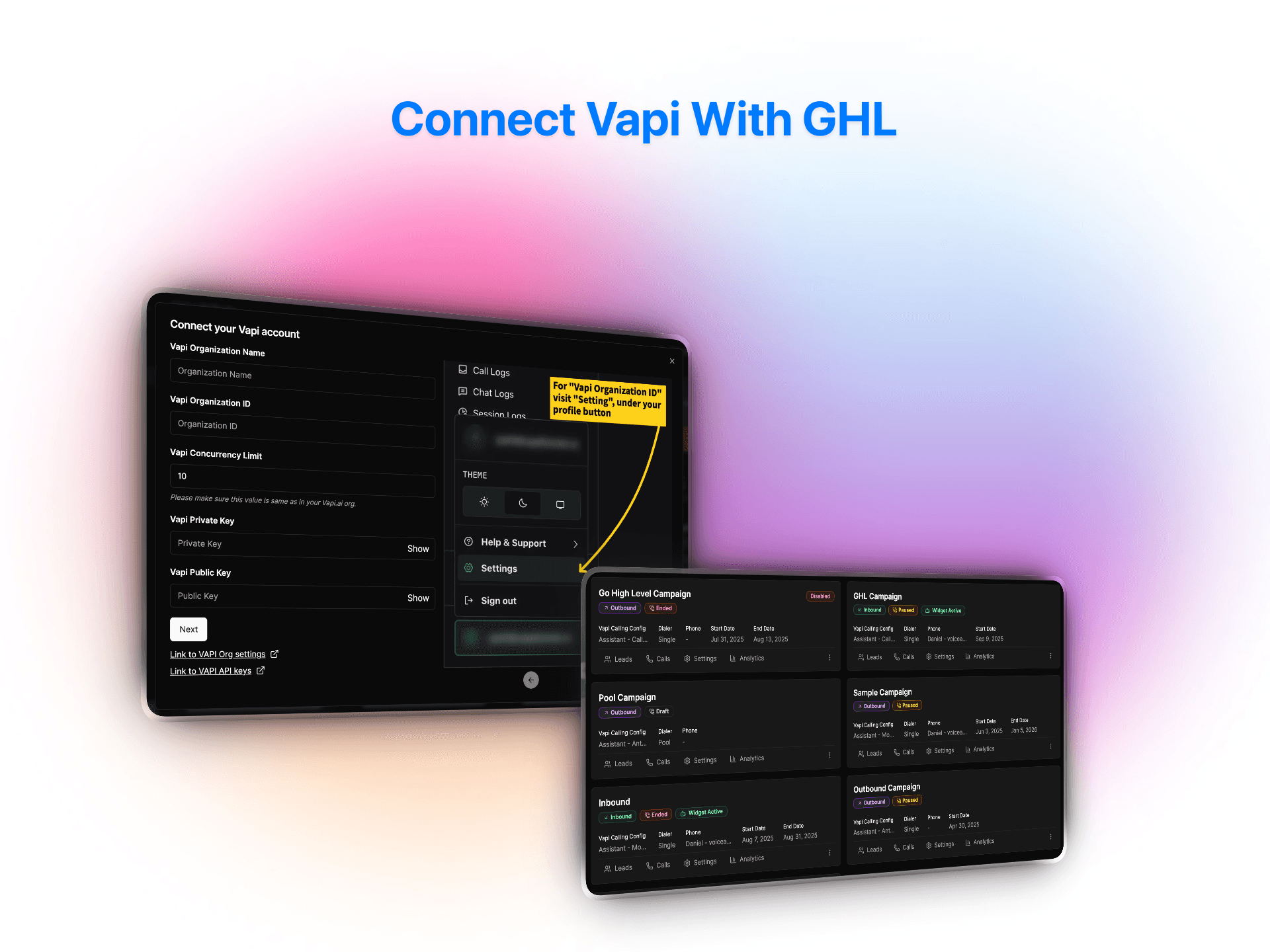 Connect Vapi with GHL showing account setup interface and campaign management dashboard for outbound calling automation | VoiceAIWrapper