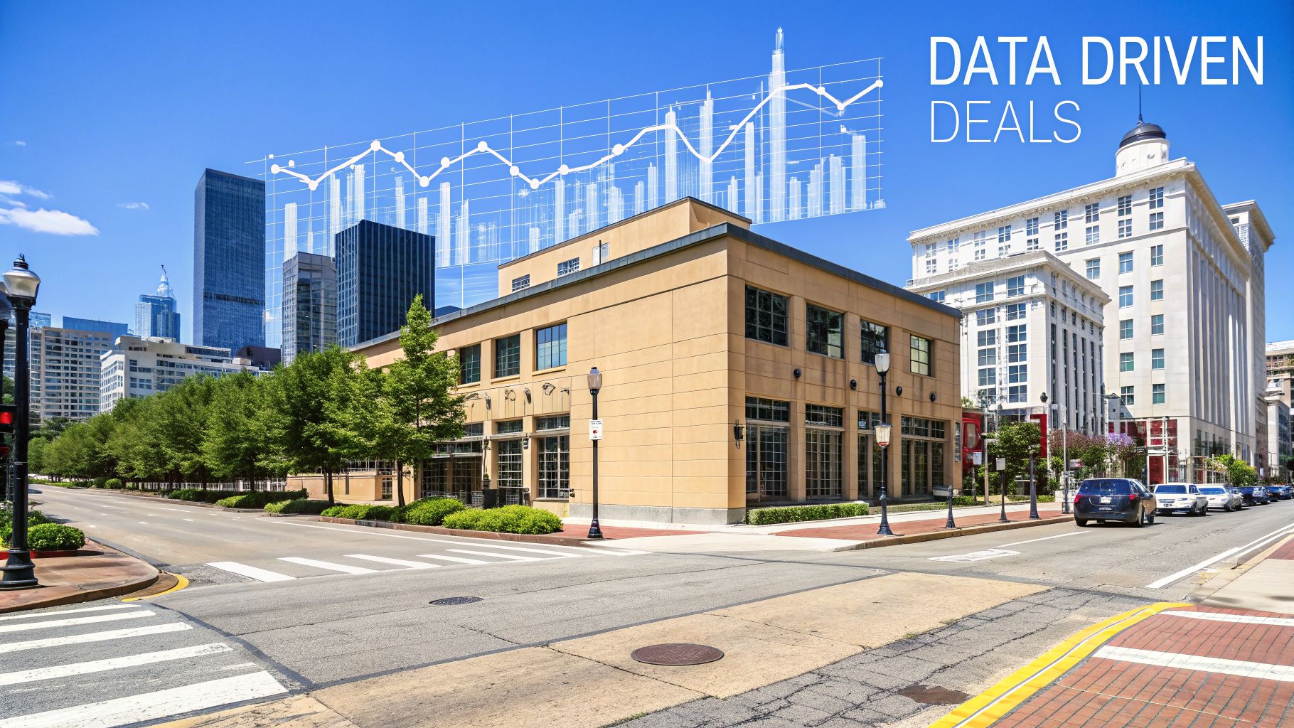 Cityscape with modern buildings and trees under a blue sky, featuring data visualizations and 'DATA DRIVEN DEALS' text.