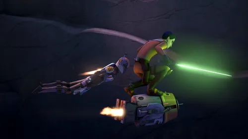 Ezra Bridger with a green lighsaber crouching on top of a flying Chopper while Sabine Wren flies next to them in Mandalorian armor