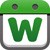 A green, rounded rectangle with a white border contains a large, bold, green letter "W" centered on a white background. Two small black dots are positioned near the top corners of the green rectangle.