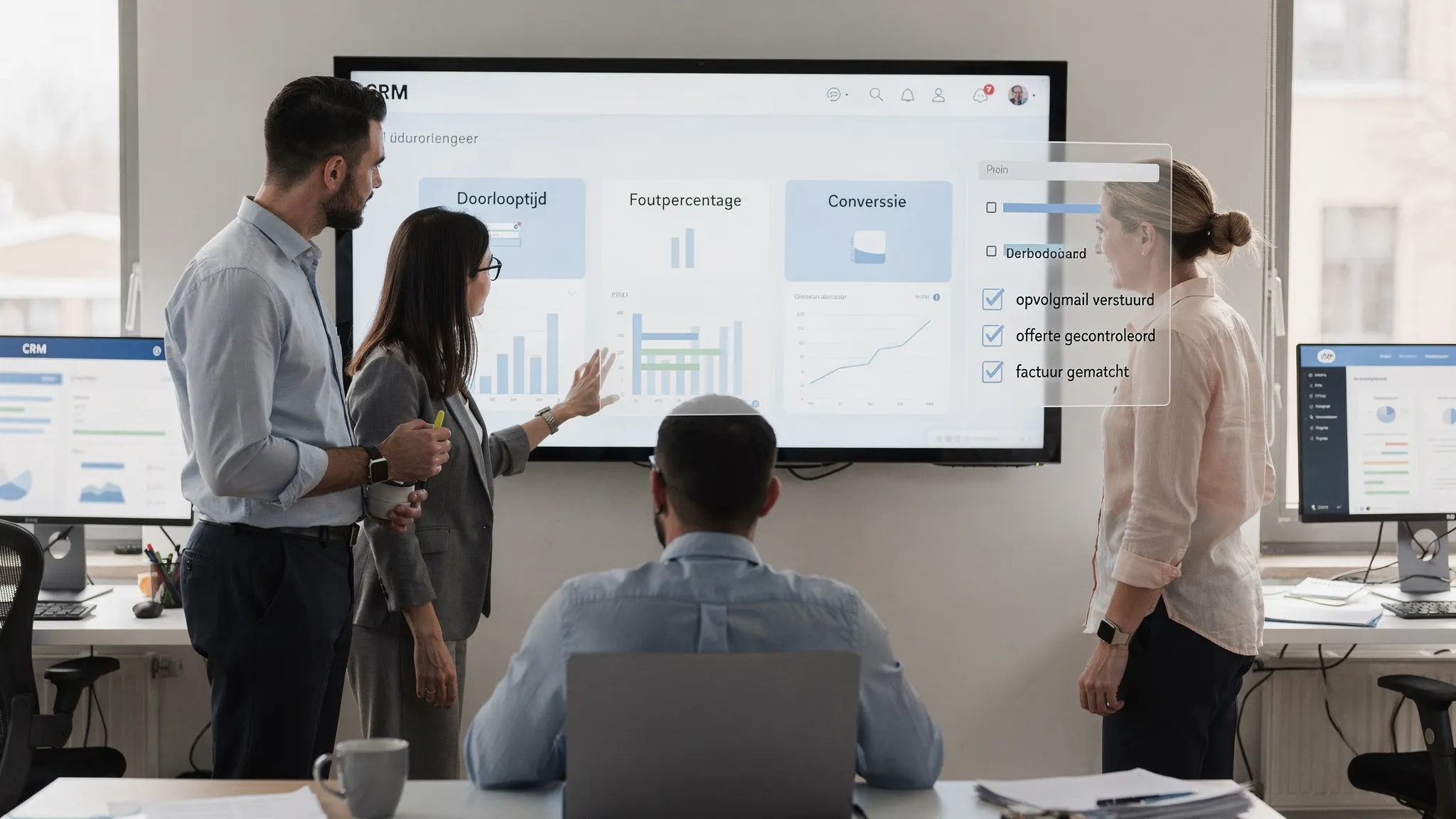 Business team in an SMB environment reviewing a KPI dashboard (throughput time, error rate, conversion), while an AI assistant checks off tasks such as 'follow-up email sent', 'quote verified', 'invoice matched'. In the background, screens show CRM and ERP, angled correctly, with no visible content behind laptop screens.