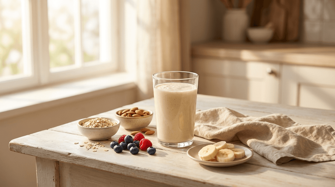 A creamy protein shake in a glass on a pale wooden table beside oats, almonds, fresh berries and banana slices in soft morning light.