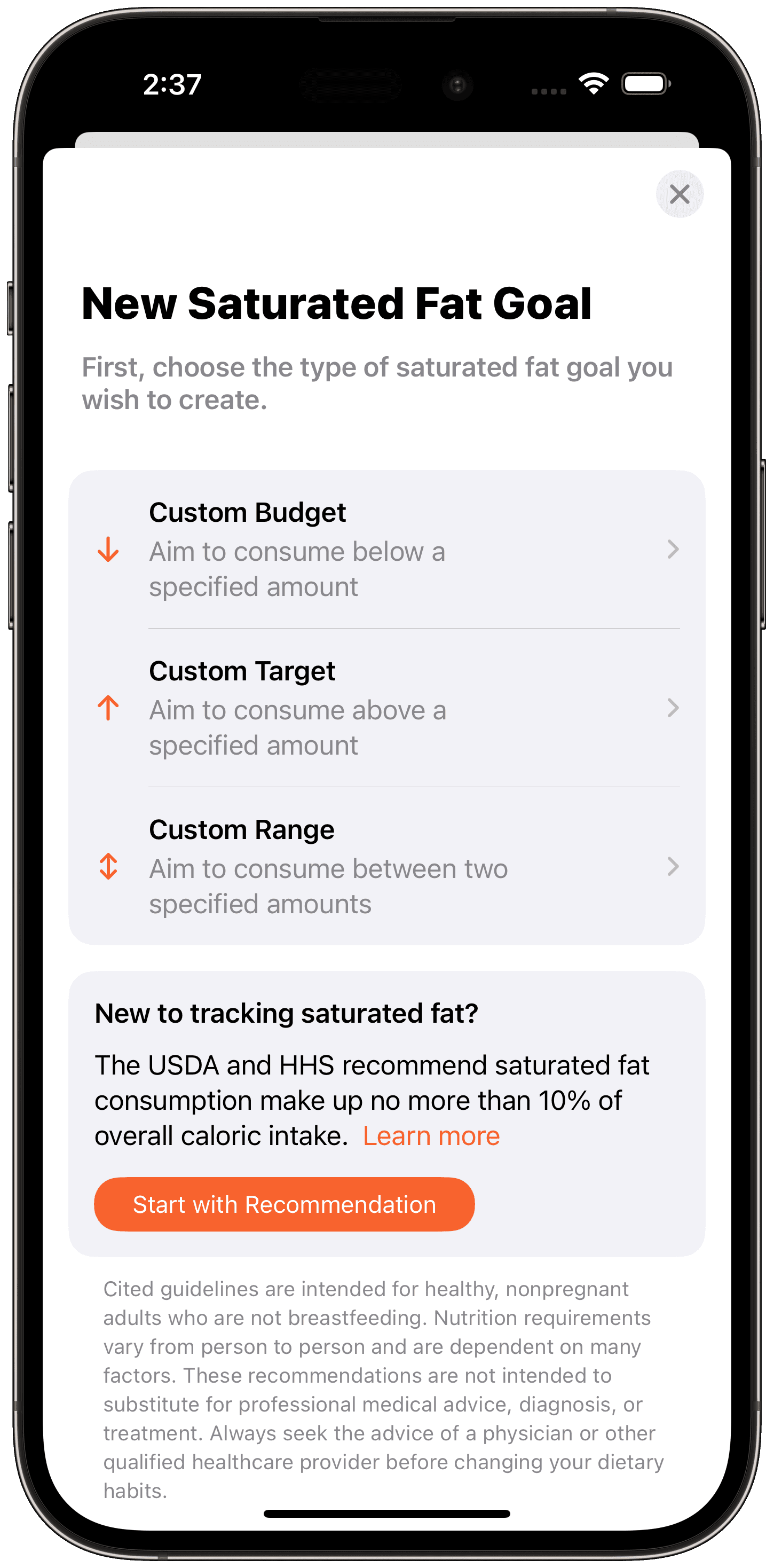 Screenshot of the new goal screen to set up a Saturated Fat goal, which includes a section for creating a goal to limit saturated fat consumption to no more than 10% of your overall caloric intake