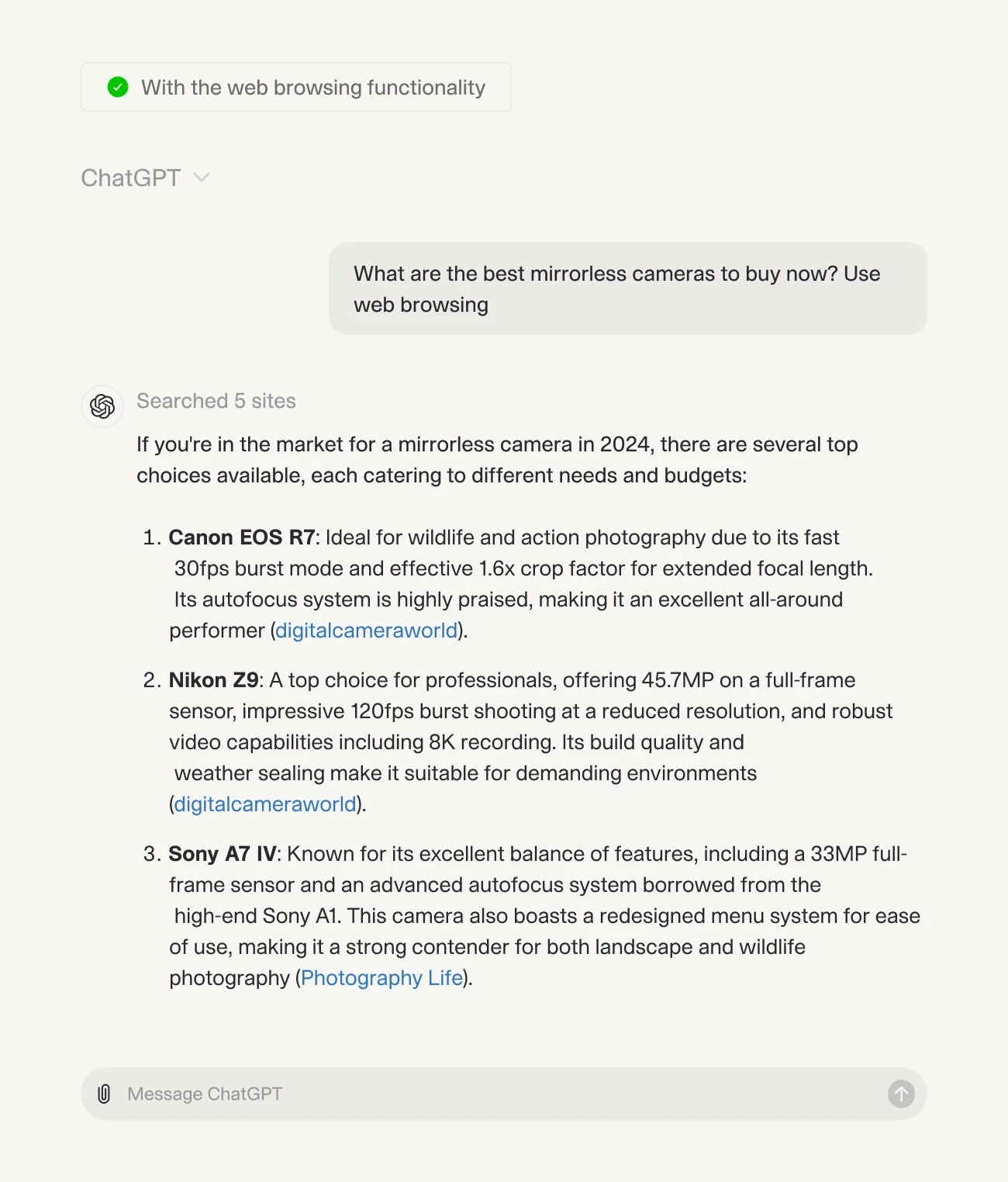 ChatGPT using web functionality to find the best cameras in 2024