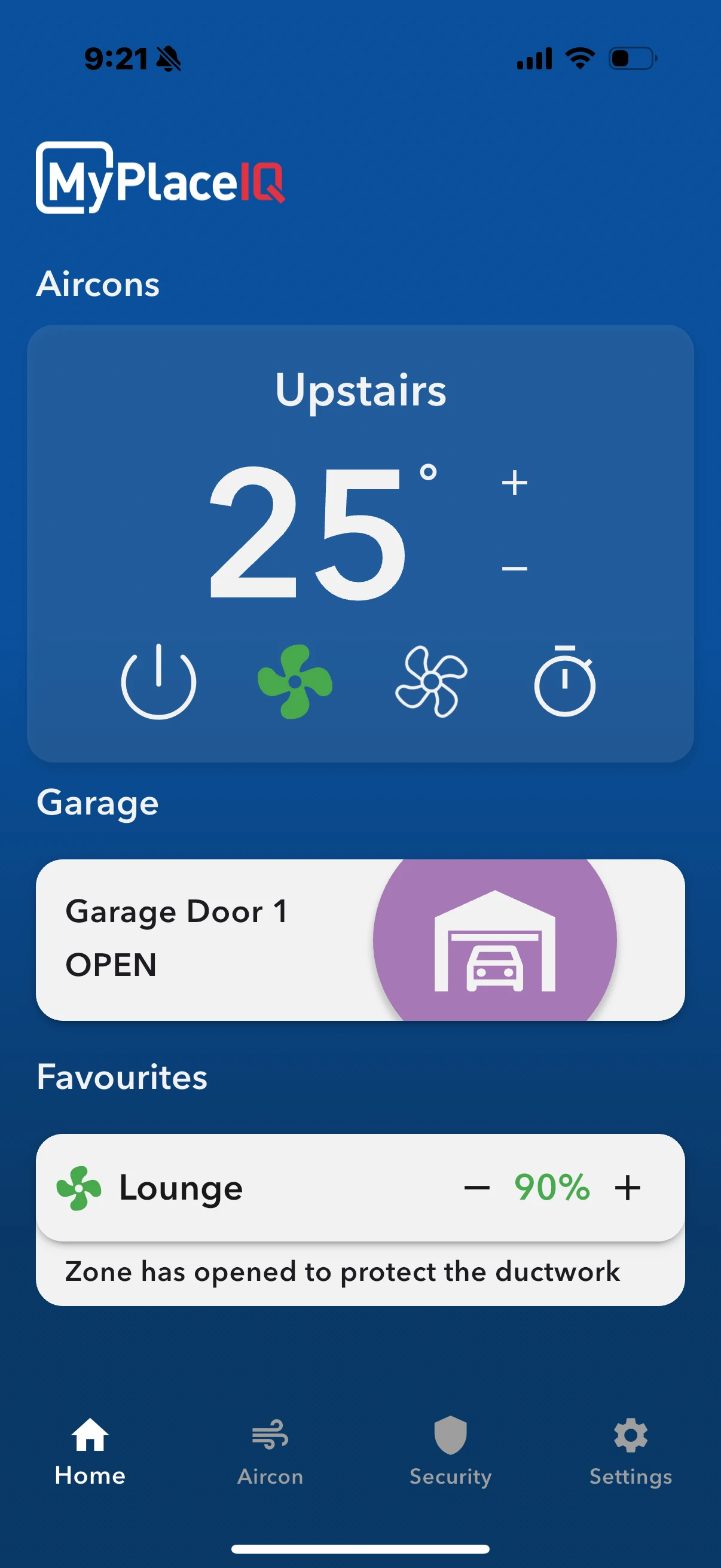 MyPlaceIQ smart home app interface displaying upstairs air conditioning set to 25°C, zone control and fan settings, alongside garage door status — all managed from one integrated smart air conditioning and home control dashboard.