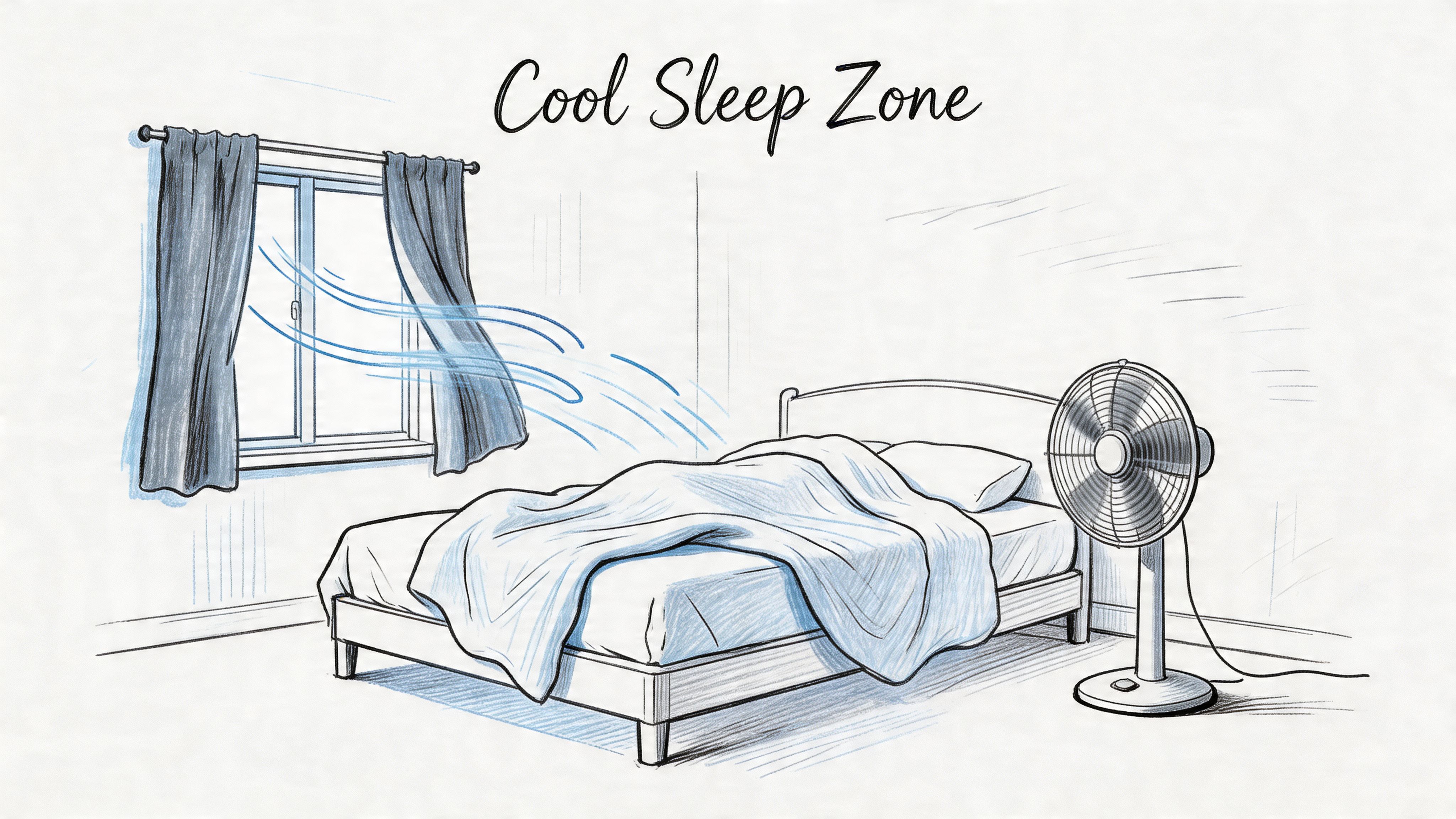 A pencil sketch of a bedroom with a bed, a fan, and an open window providing a breeze.