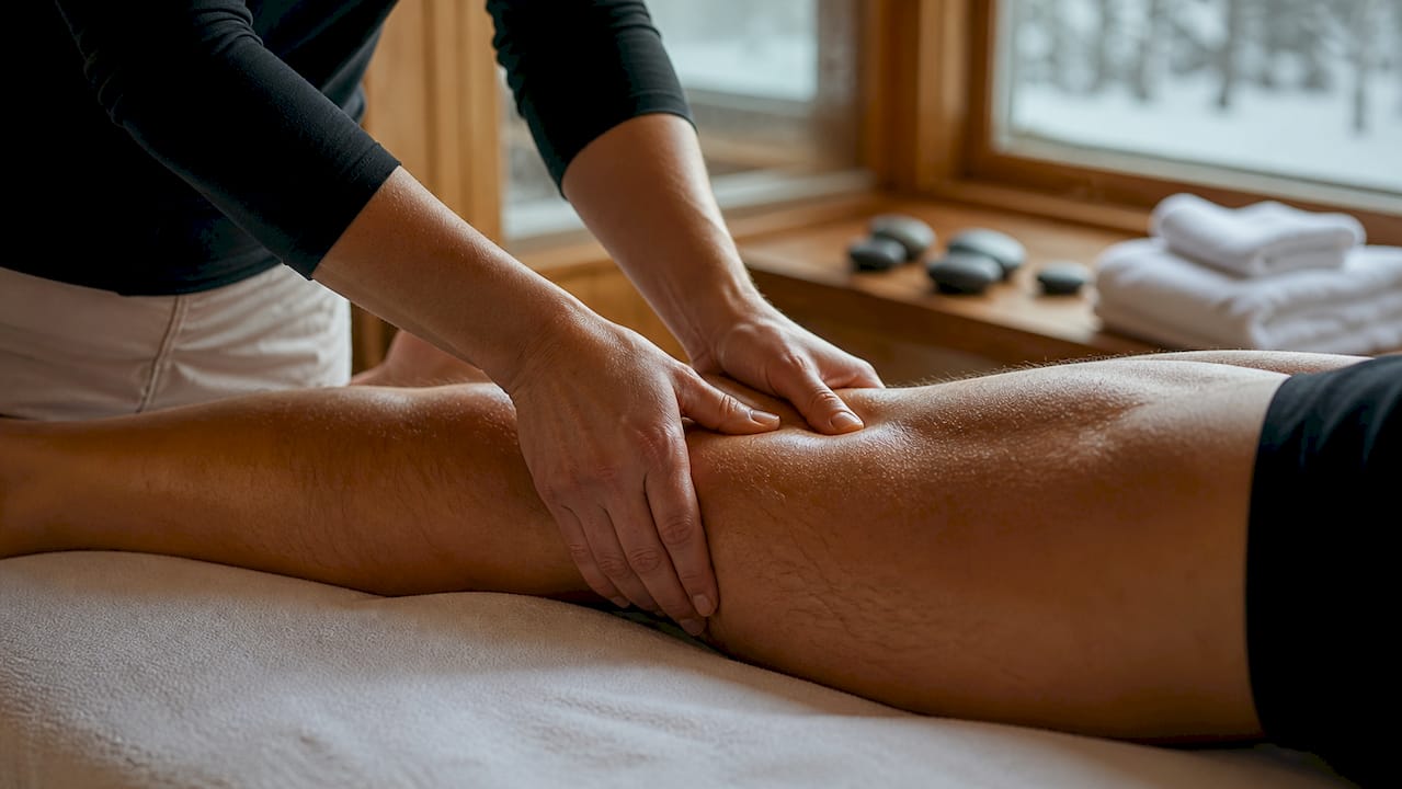 Massage being applied to a skier’s thigh after a day on the slopes