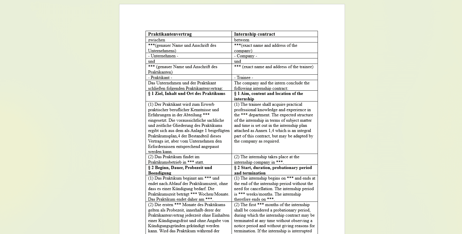 Internship template German law