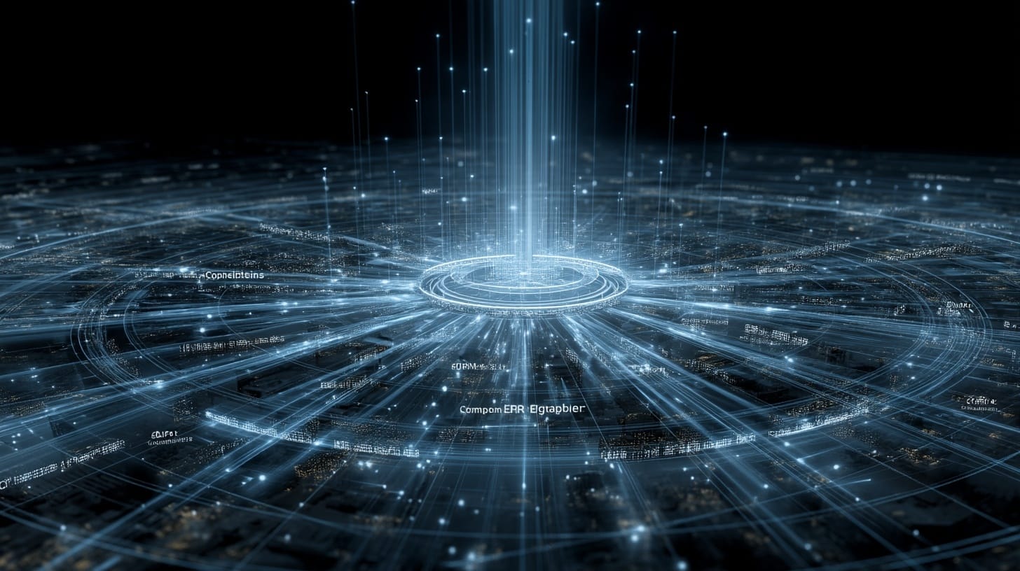 Abstract digital command hub with a central light column and radiating data pathways, representing centralized intelligence, network coordination, and real-time control across complex logistics operations.