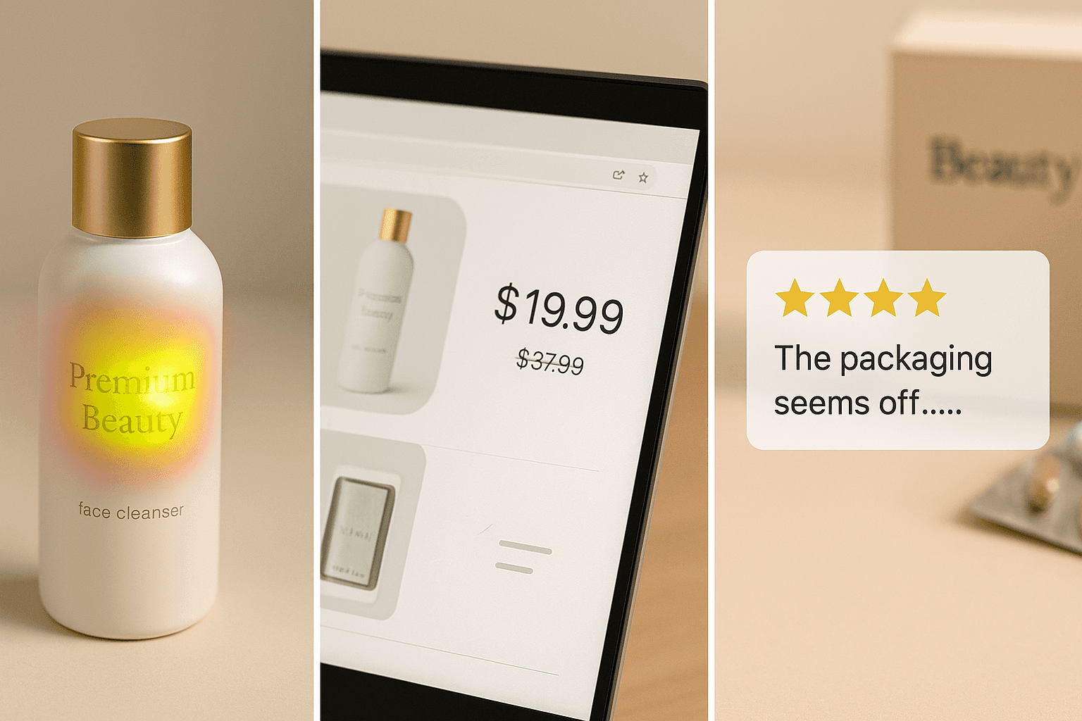 Visual cues showing image, price, and review signals for detecting fake sellers