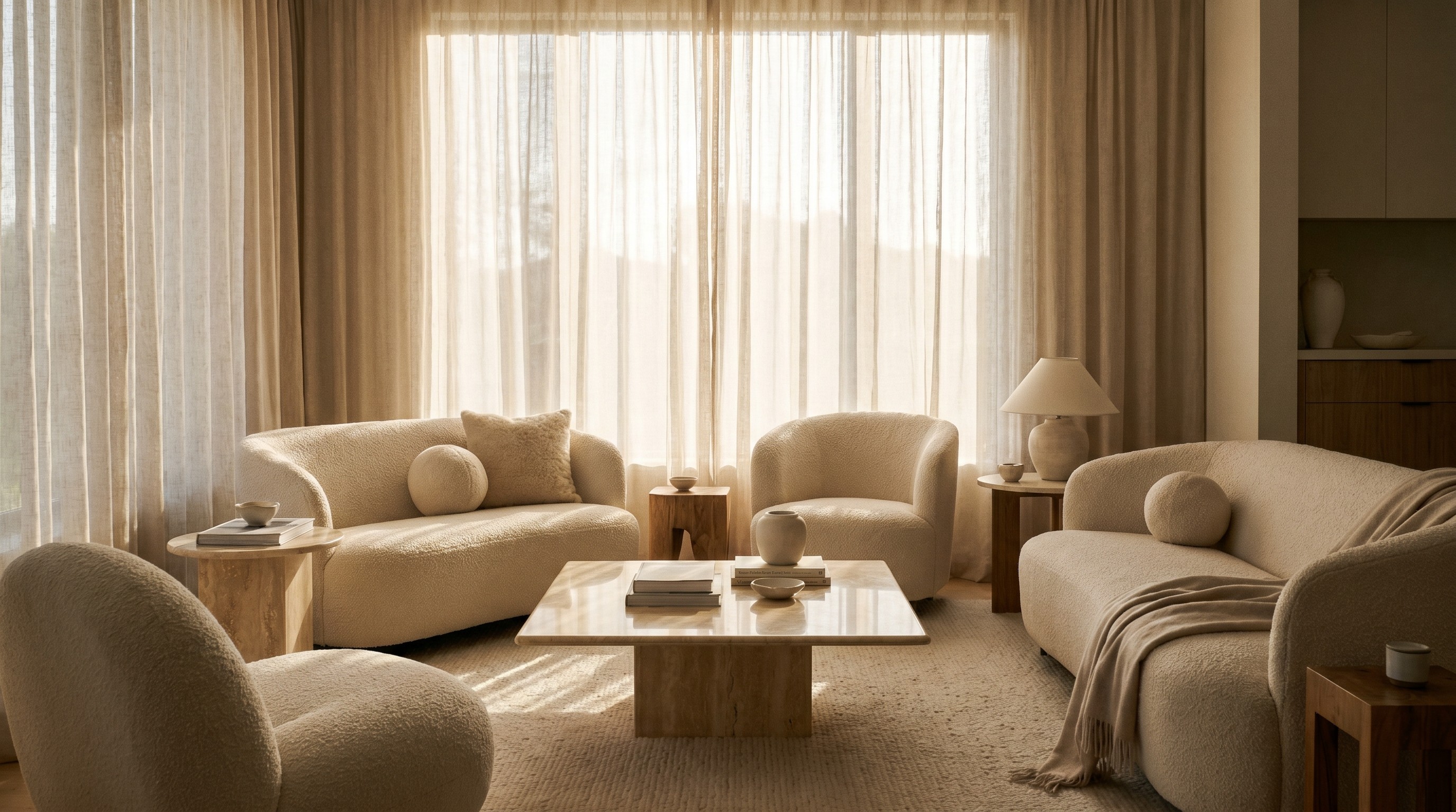Evening shot of the suite, warm lighting throughout the space, subtle glows from pendant lights and table lamps. 