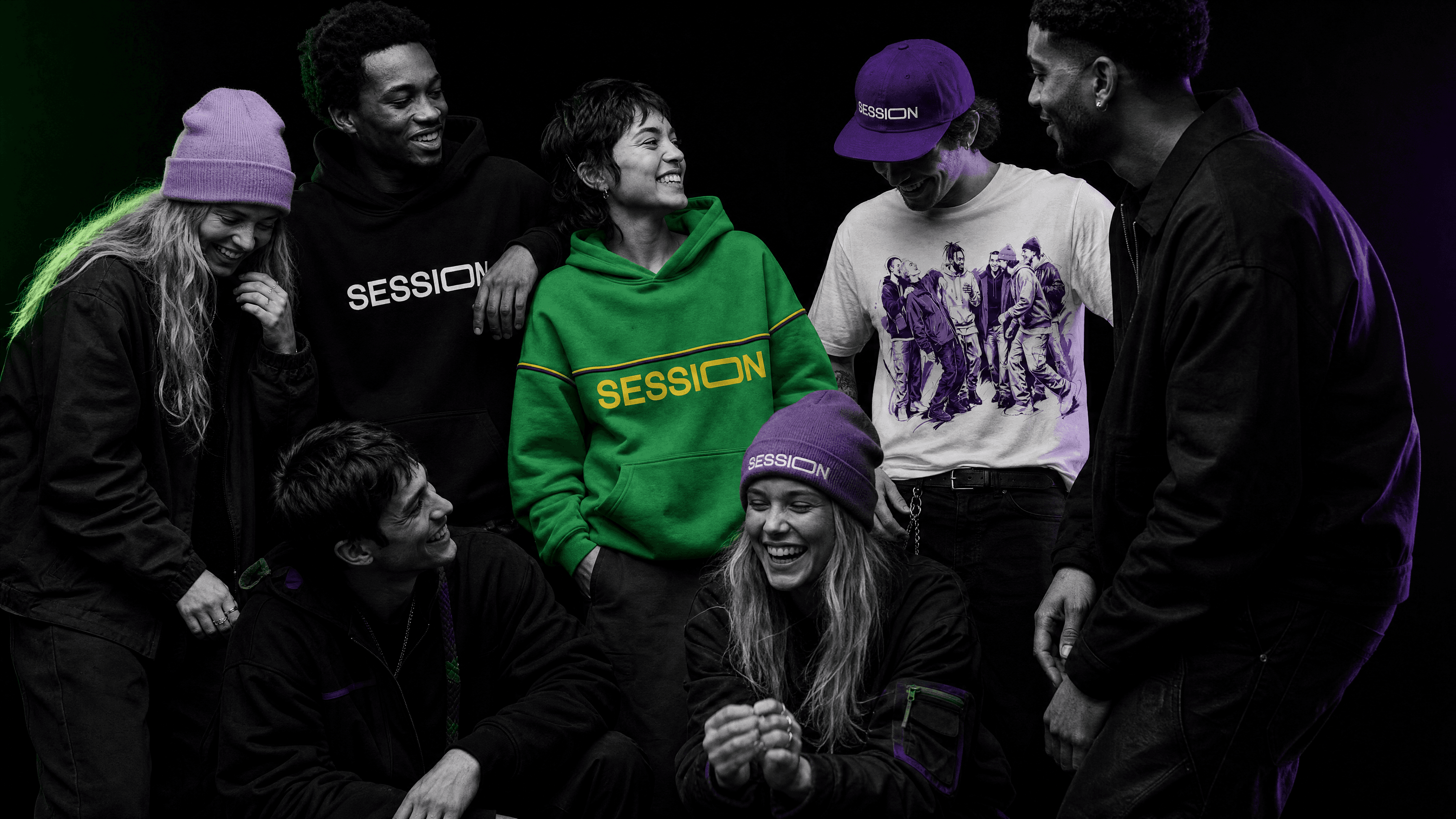 Friends laughing together in Session Zone hoodies, T-shirts, hats and beanies from the Merch Zone apparel collection.