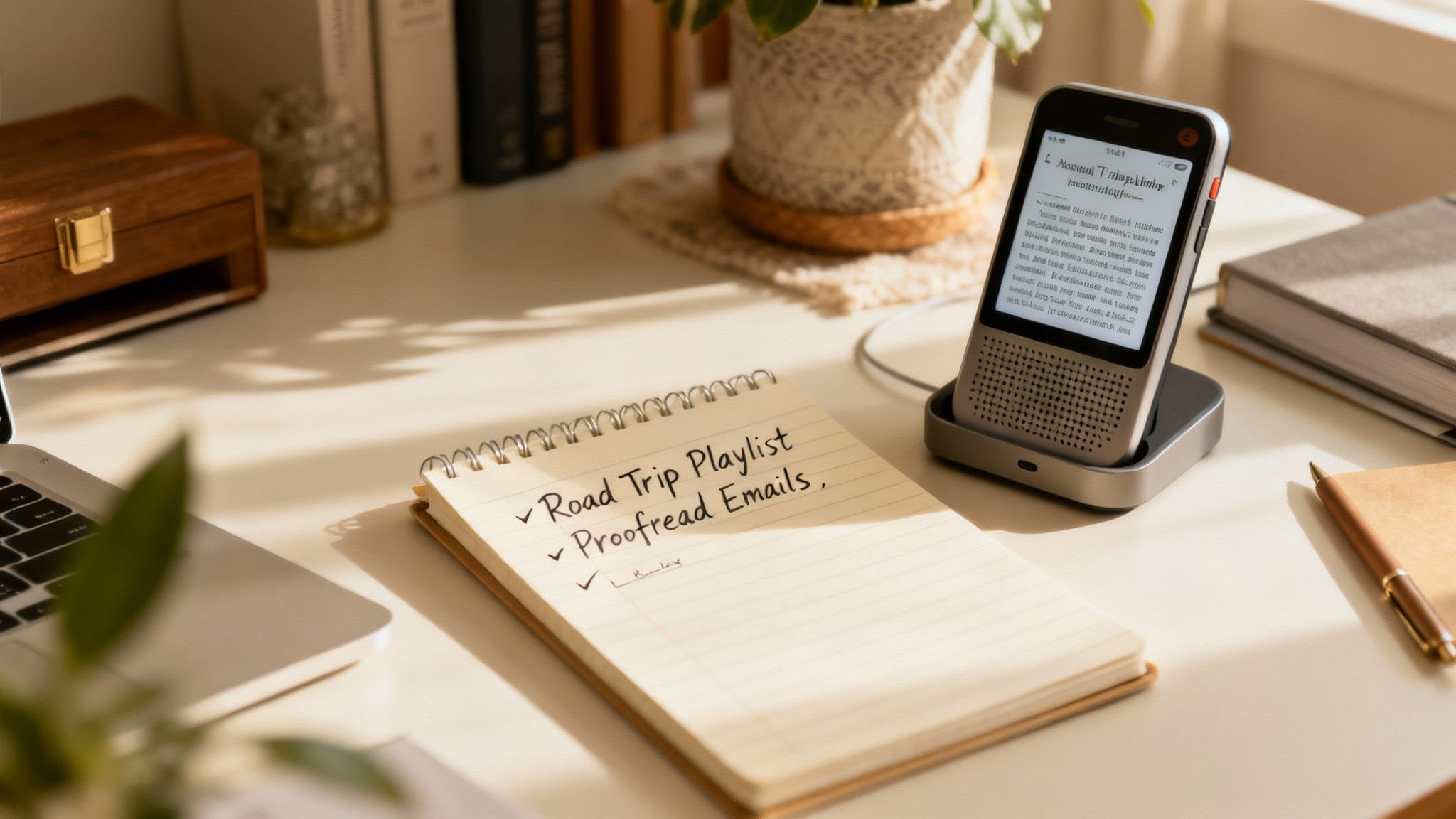 Speak4Me – A person creating a playlist of articles on their phone for an upcoming road trip, showcasing the app's interface.