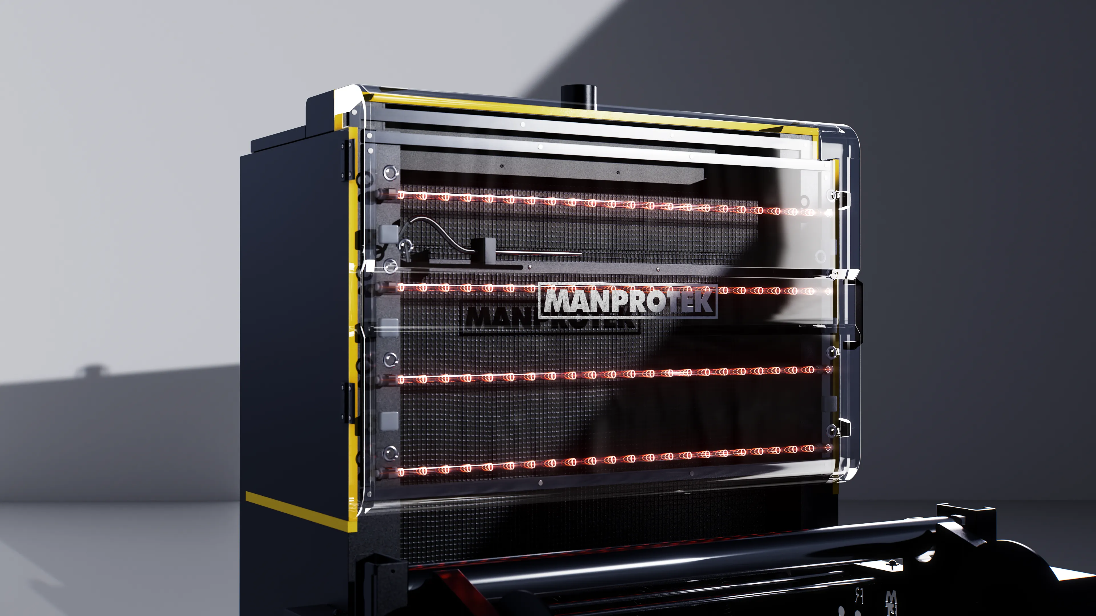 A detailed internal view of the Dune M powder shaker featuring its smart high-efficiency dryer. The glowing heating lamps visible through the transparent cover demonstrate the machine's ability to ensure stable and consistent film drying for high-quality output.