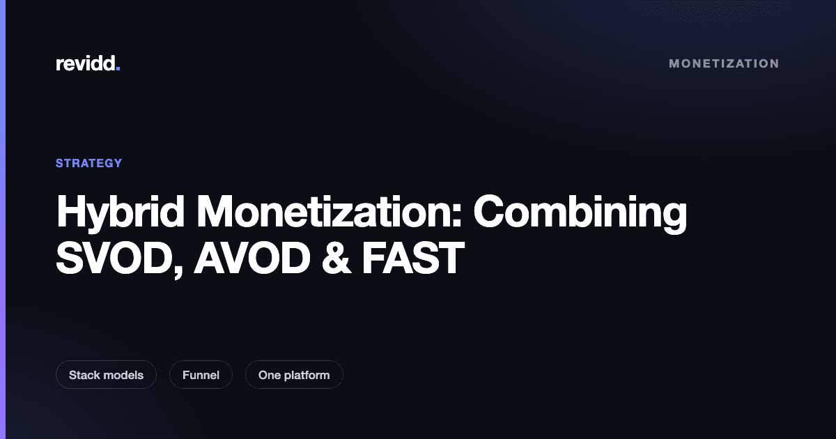 Diagram of a hybrid monetization funnel showing free FAST and AVOD viewers converting to paid SVOD and TVOD on one OTT platform