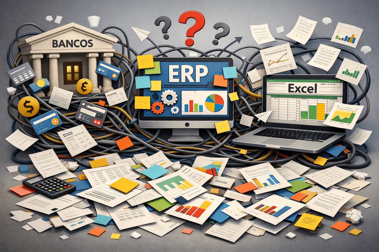 Ilustración 3D que muestra bancos, ERP y Excel como sistemas desconectados, generando desorden y dispersión de la información financiera, reflejando los desafíos de la consolidación financiera empresarial.