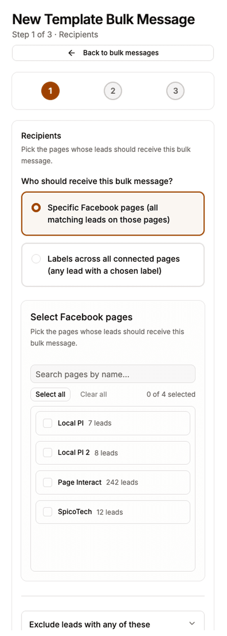 First step of the New Template Bulk Message wizard, showing page selection with lead counts per page.