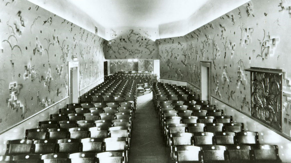 Black and white photograph of the Screening hall at Breitenseer Lichtspiele