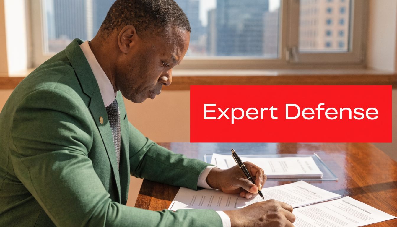 A professional man in a suit writing on legal documents at a desk in an office.