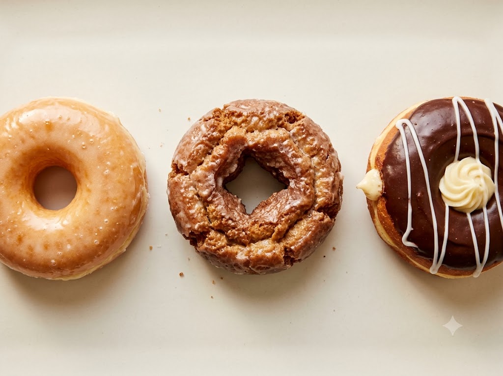 An overhead photograph, direct from above, capturing three popular donuts on a light cream-colored surface. From left to right: a classic glazed yeast donut, a dense old-fashioned cake donut, and a filled yeast donut with chocolate frosting and a swirl of cream. The donuts are in a minimalist, photorealistic style with warm natural lighting and clear textures. No people, text, or logos are visible.