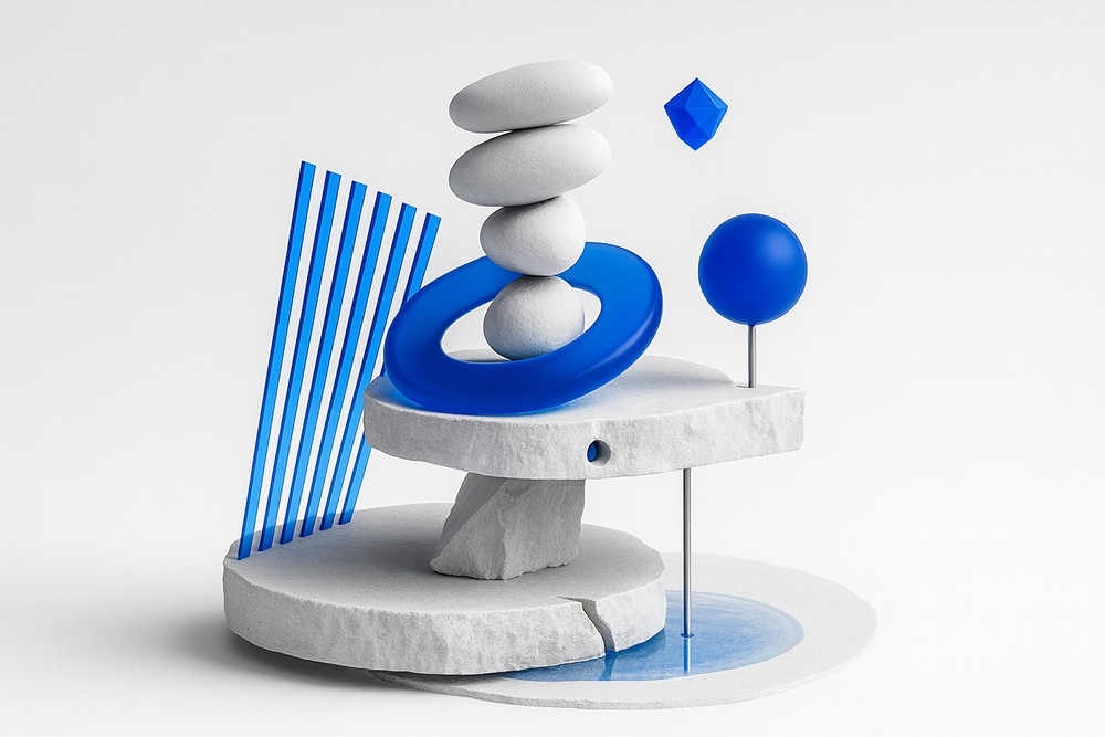 Minimal studio still life: stacked pale stones on tiered limestone slabs, cobalt-blue ring around the stack, blue fins at left, floating octahedron and sphere at right, shallow water pool beneath on a white backdrop.