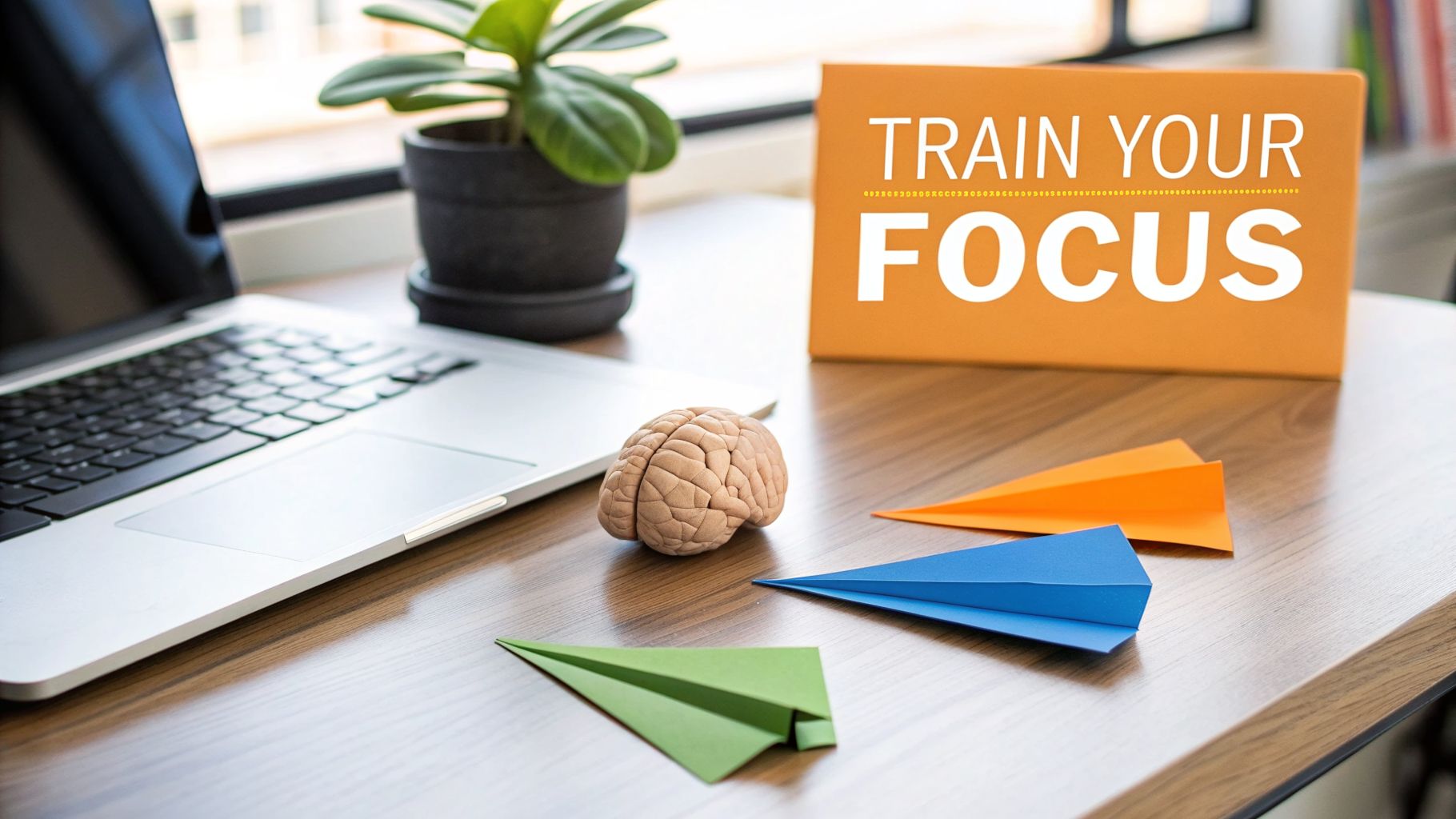 A desk with a laptop, brain model, and a sign saying 'TRAIN YOUR FOCUS' amidst paper airplanes.