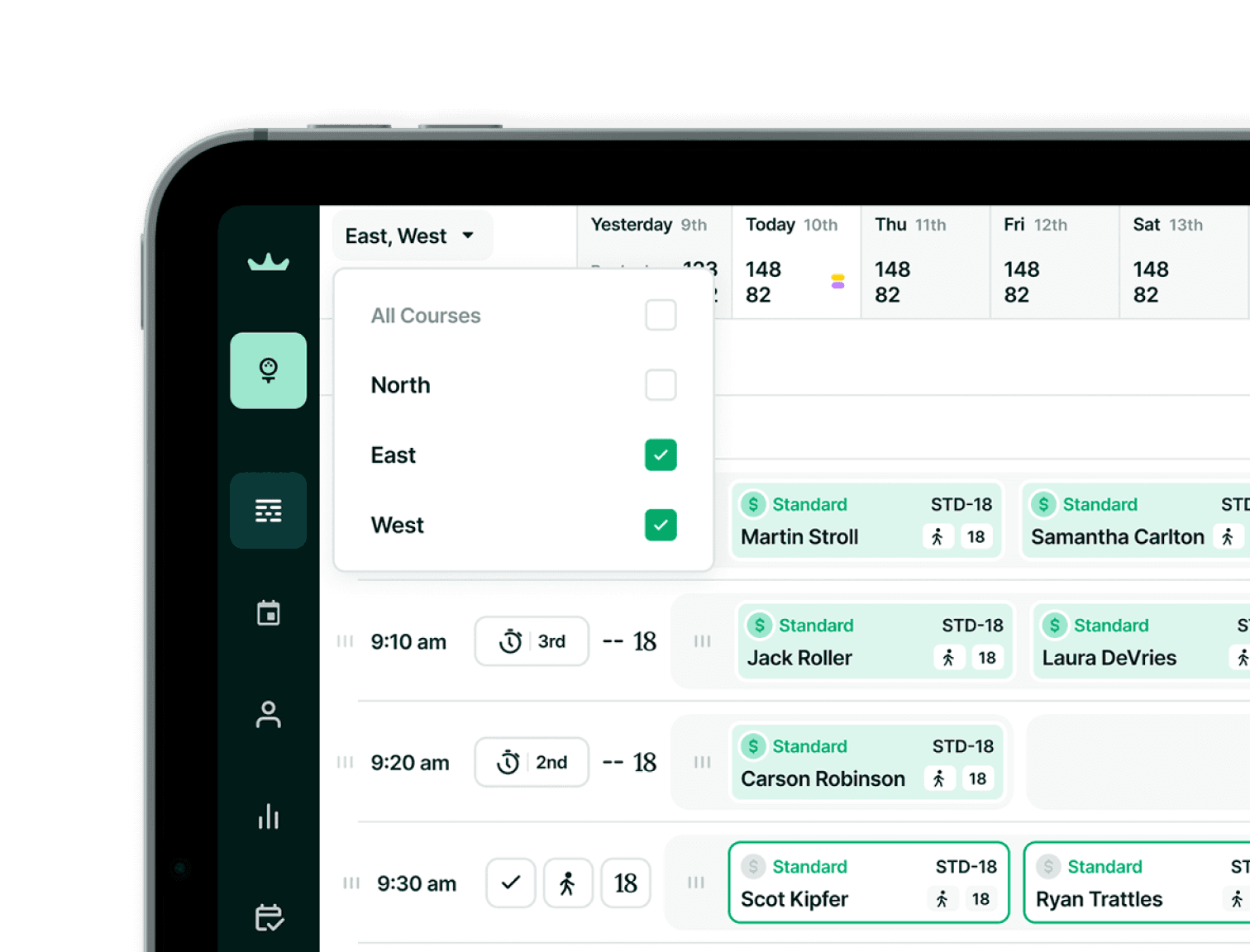 Multi-course tee sheet displayed on a tablet for golf course management