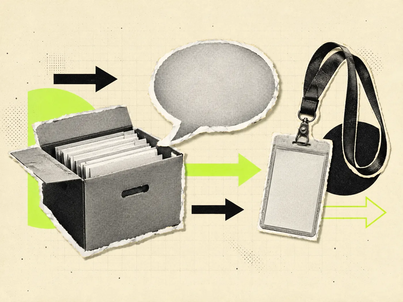 Colagem vintage: caixa de documentos, balão de fala vazio e crachá, agente de IA com base de conhecimento