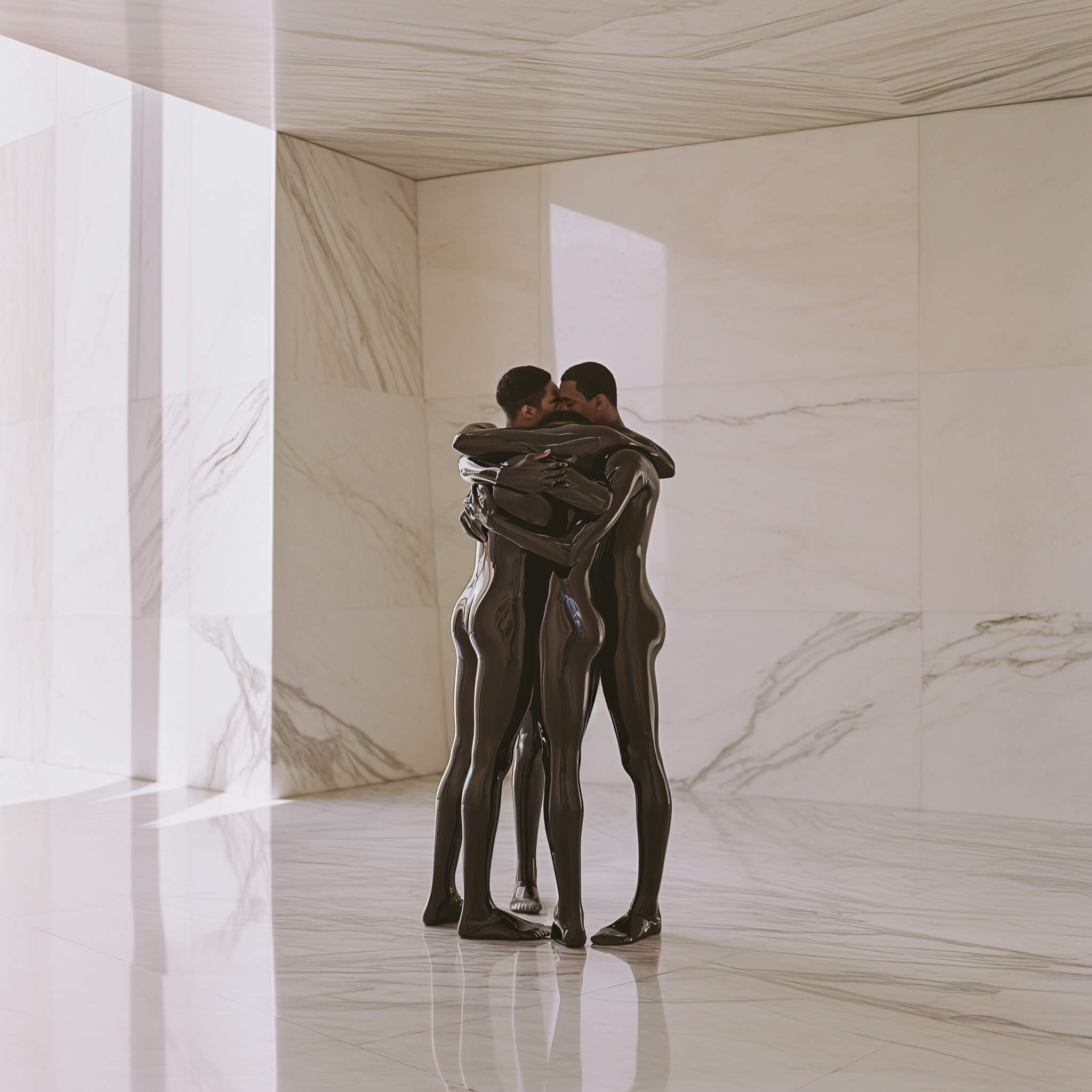 Three men wearing latex embracing eachother in a marble room