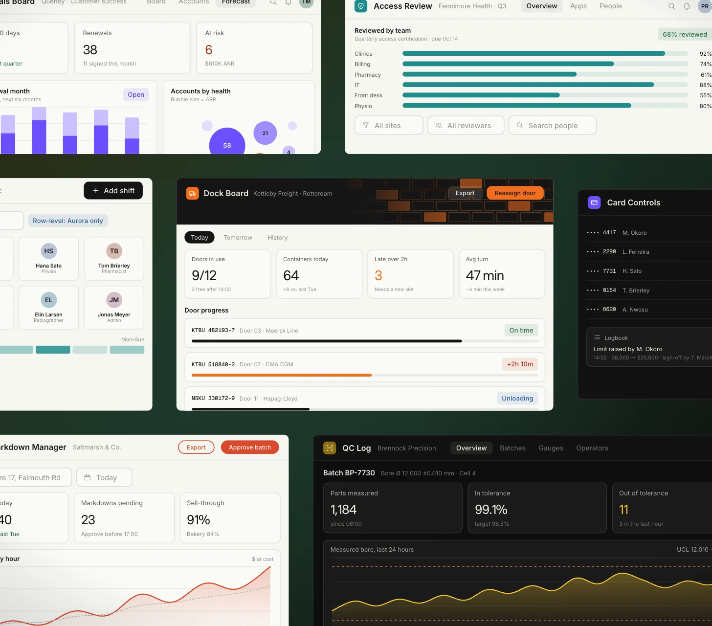 Six apps built on Chamfer: claims, dock, rota, quality and store dashboards