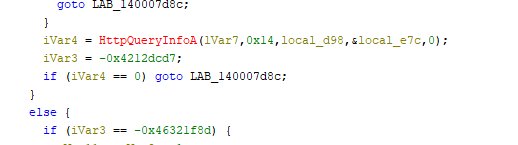 Ein Quellcodeausschnitt in einer Programmiersprache, der einen Funktionsaufruf an HttpQueryInfoA, Variablenzuweisungen und bedingte Anweisungen mit hexadezimalen Werten enthält.