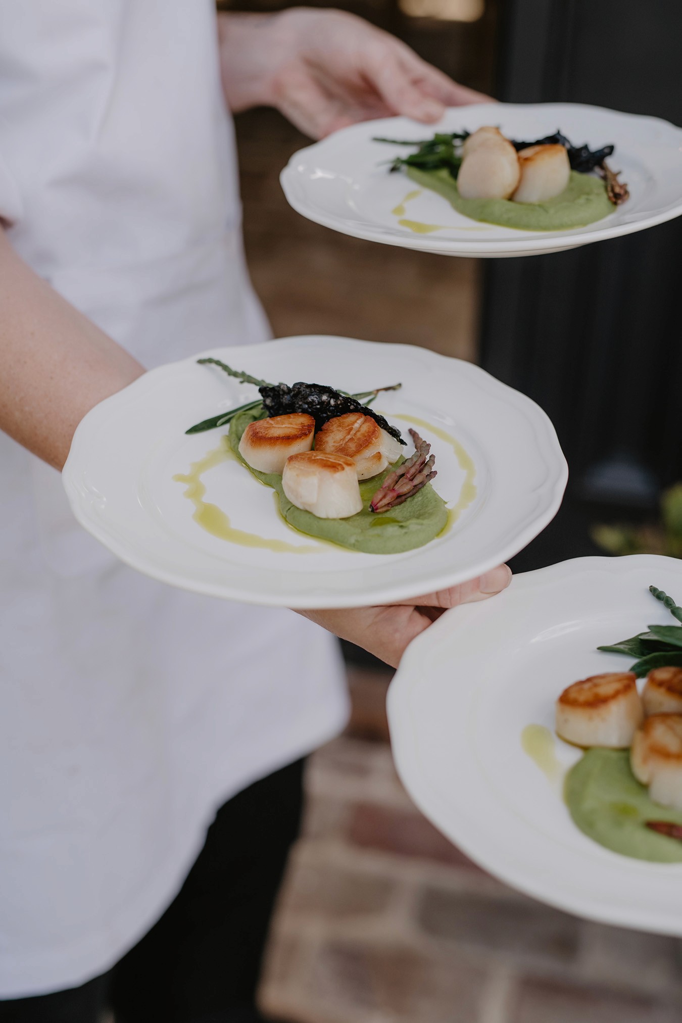 Waiter serving scallop entree to a sit-down dining event