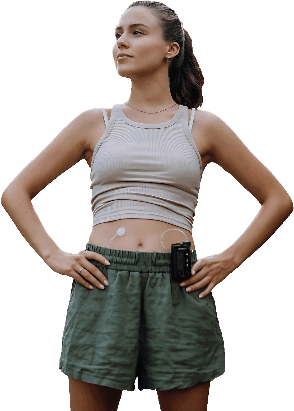 Picture of a woman exercising with Enhance-d, an insulin pump and diabetes