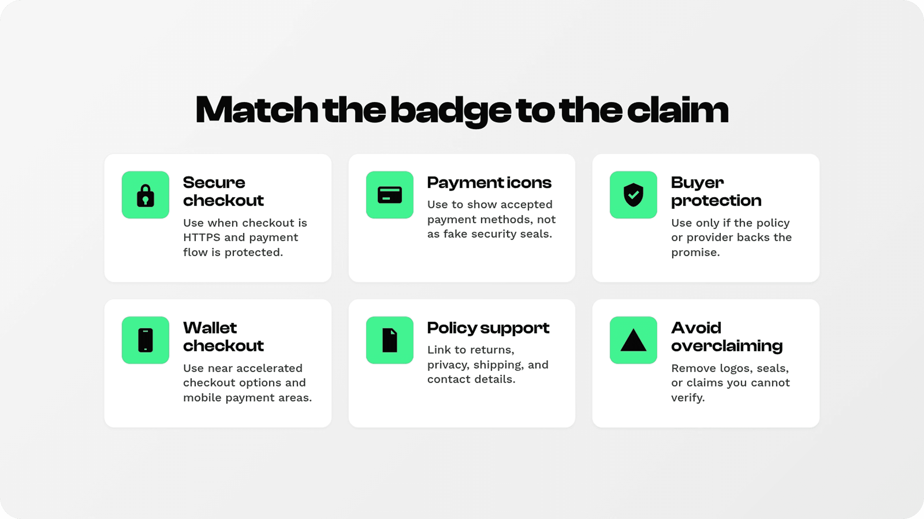 Examples of secure checkout badges for payment icons, buyer protection, wallet checkout, policy support, and verified claims