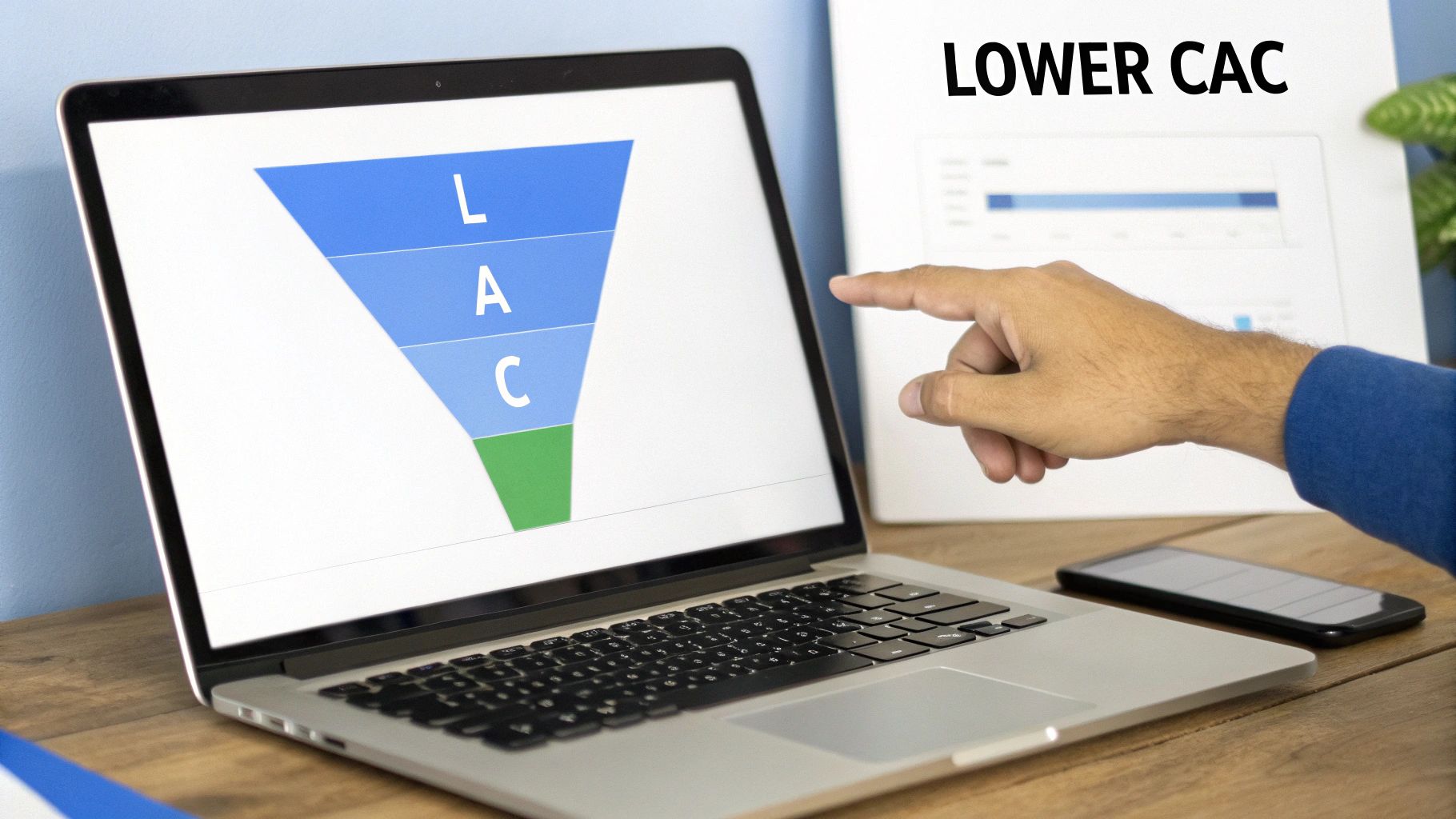 A hand pointing at a laptop screen displaying a sales funnel with 'LAC' and a 'LOWER CAC' document.