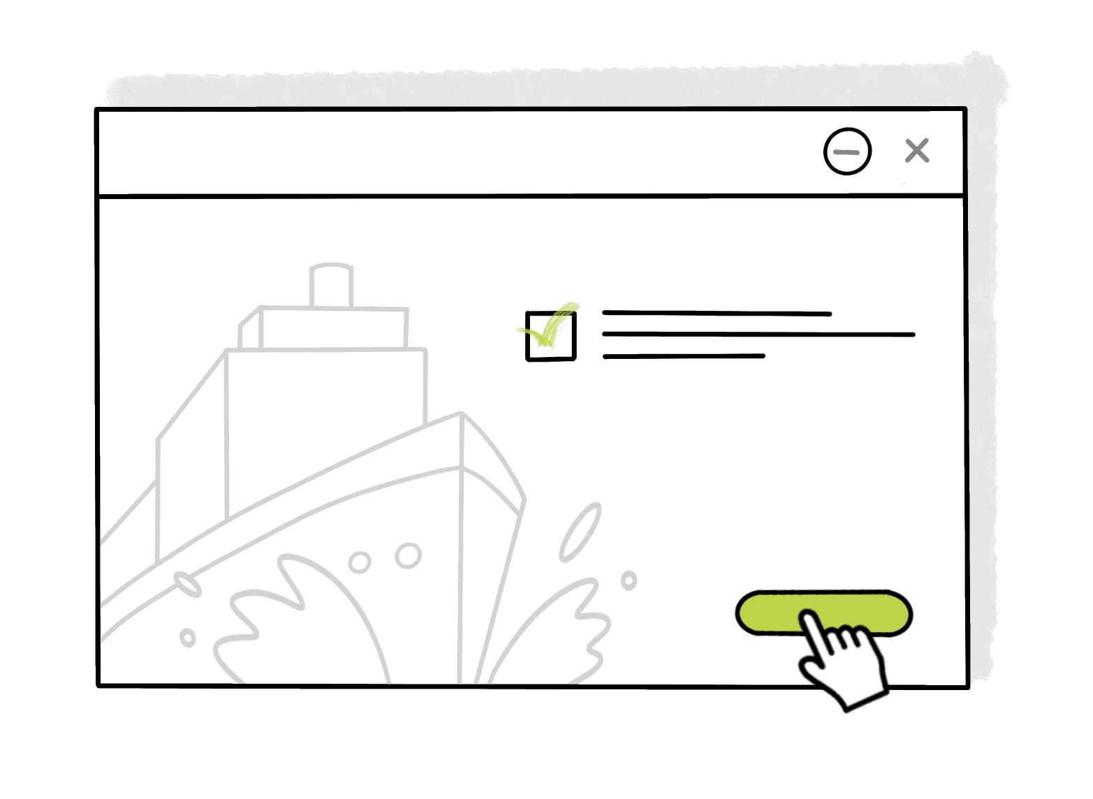 Illustration User-Interface auf Computer mit Boot und grünem Call-to-Action-Button