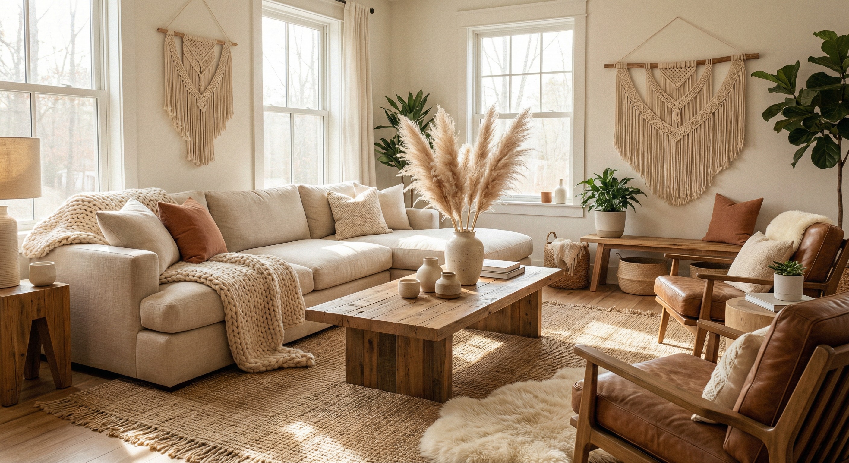 Scandi-boho living room interior design, soft morning sun lighting, Nano Banana AI render